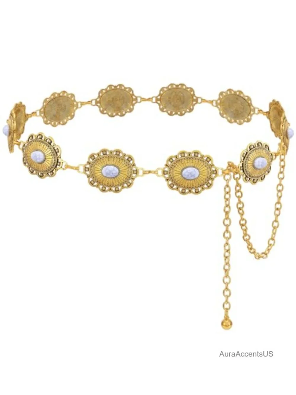 Western Cowgirl Chain Belt Adjustable Metal Concho Waist Belt for Dresses Jeans